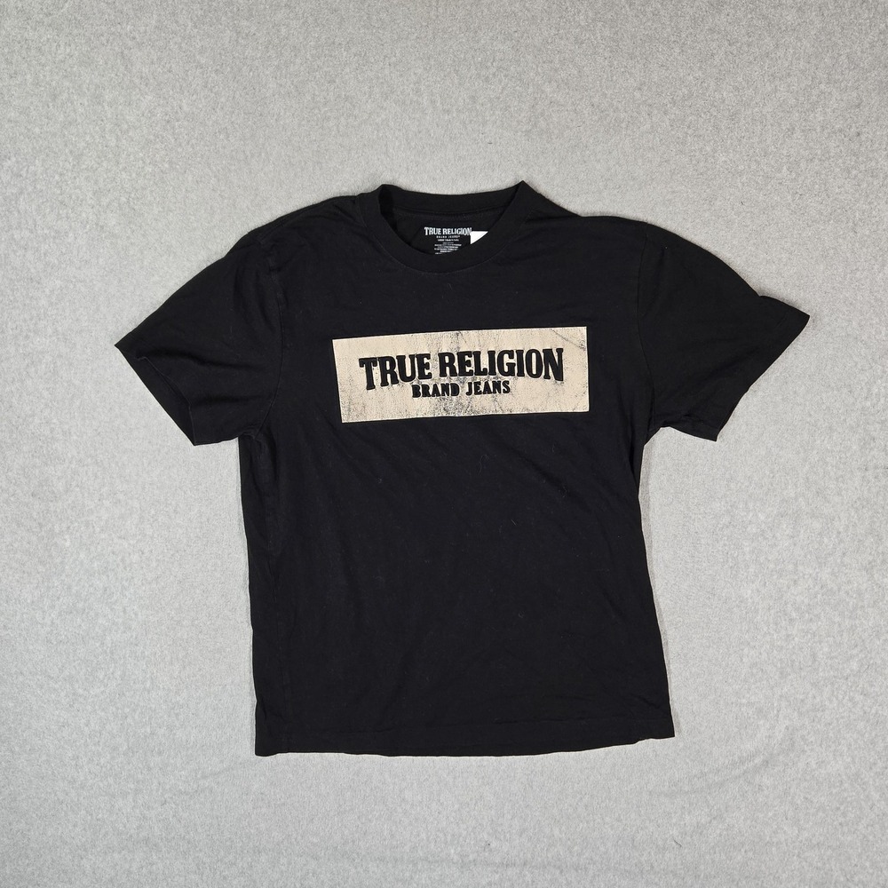True Religion Women Shirt LARGE Black Graphic Logo Patch Short Sleeve